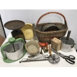 Kitchenware, wicker basket, green enamel meat press, small stoneware mixing bowl 24cms w, Hughes