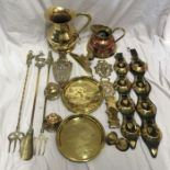 Brassware, Horse brasses on leather strap, toasting forks, trivet, trays, jugs etc. Condition