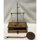 Brass set of balance scales with oak drawer base, label to the back for A Franks Ltd Opticians,