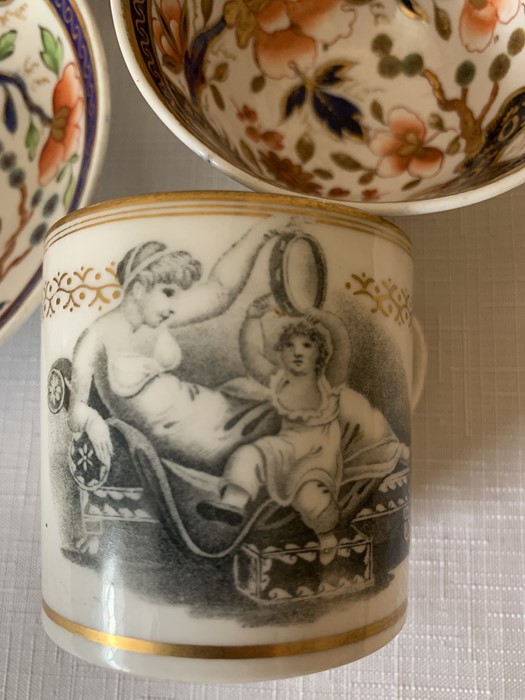 Five early 19thC porcelain cups and two saucers including Newhall bat print can. Condition ReportCan - Image 3 of 8