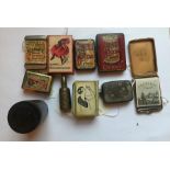 Collection of 10 advertising vesta tins, matchbox and matchbook cases. Bournville, Dolcis Shoes,