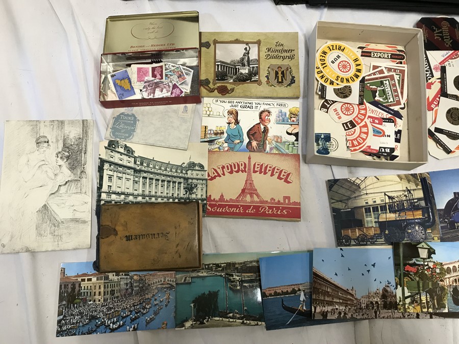 Album of cigarette packets, collection of beer bottle labels, stamps and European postcards. - Image 2 of 7