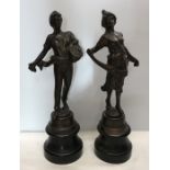 Pair of late 19thC cast metal figures, bronze effect on wooden bases, 29cms h. Condition