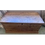Pine blanket box with metal carrying handles, candle box to interior. 93 w x 44 d x 42cms h.