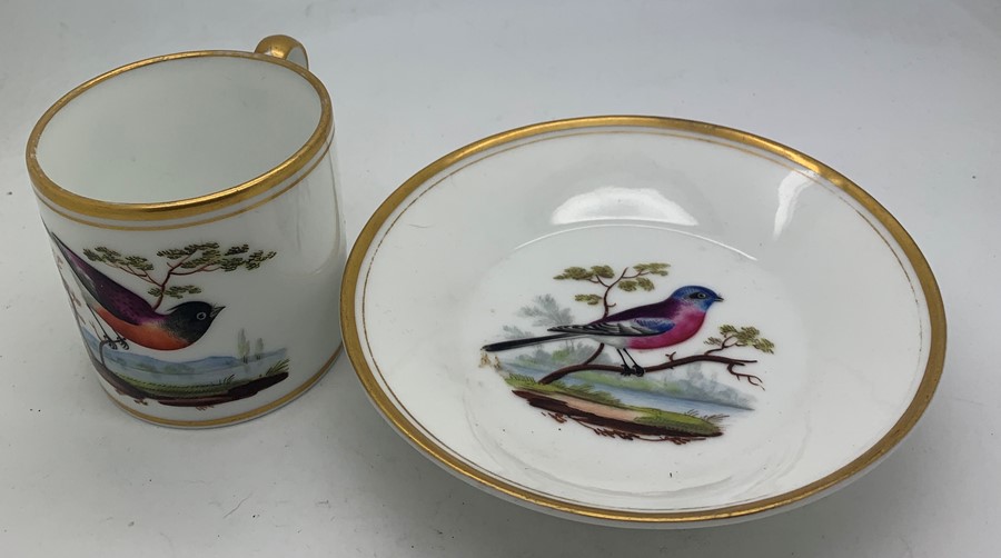 Two cups/saucers comprising a 19thC Meissen ornithological coffee can and saucer with a Paris - Image 2 of 7