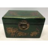 Chinese green ground gilt decorated box tea chest with brass lock and handles. 29 w x 18 h x 18cms