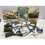 Selection of playworn diecast military vehicles and aircraft together with three Dinky kits 1037