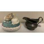 A 19thC lidded box with hatching chick to top. 13cms l x 10cms w with Dixon and Son pewter jug.