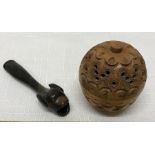 Victorian carved coquilla nut treen Pomander, 4.5 w x 5cms h together with a carved horn cheroot