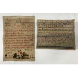 Three Victorian samplers, one portrait 28 x 40cms with pictorial house scene by Ann Oddy aged 9