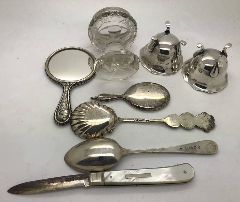 Various silver and silver plate to include two salts, 1 cut glass salt with silver rim, 2 small - Image 2 of 2