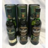 Whisky, three bottles of Glenfiddich single malt, 12 years old, 70cl, sealed. With containers.