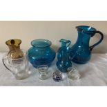 Miscellaneous vintage glass to include three turquoise jugs and vase, amber coloured jug, egg glass,