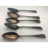 Five hallmarked silver teaspoons, Peter and Ann Bateman. 80.3gms. Condition ReportOne with slight