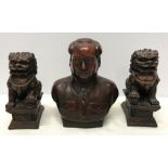 Chinese resin bust of Mao Tse-Tung with mark to back 19cms h. together with a pair of 'Foo dogs'