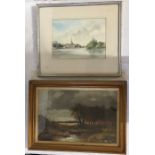 Two paintings, one depicting cottage, river and trees signed indistinctly, 44 x 29cms, the other a