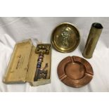 WW I Bruce Bairnsfather Old Bill brass dish, 14cms w, small brass bombshell case 1916, 16cms h,