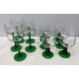 Drinking glassware set. green stems, 6 short 11.5cms h and 5 taller 16.5cms h. Condition