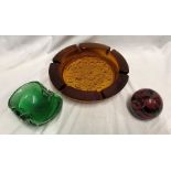 Glassware, 1970's, large tangerine glass ashtray Whitefriars style 24.5cms w x 4.5cms h, a green