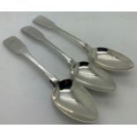 Three hallmarked silver fiddle pattern dessert spoons. Two Dublin 1806 by Arthur Murra and one