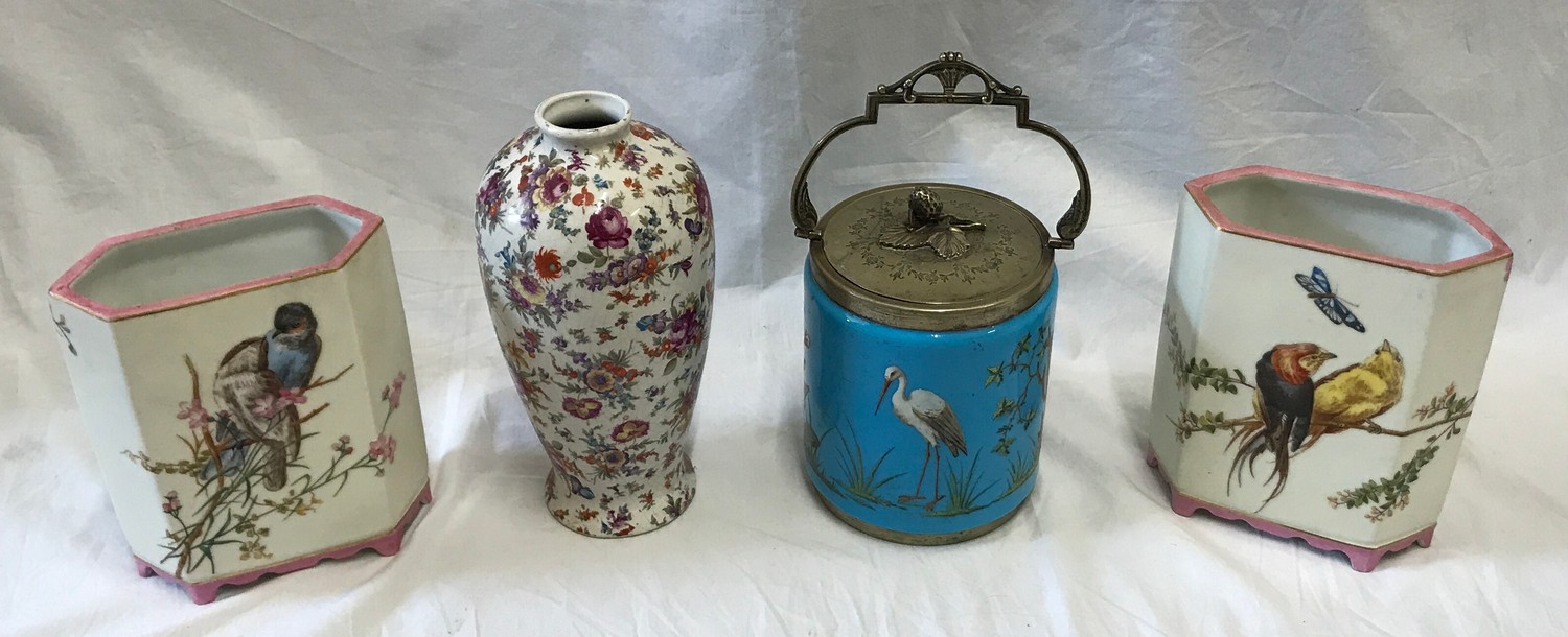 A pair of elongated hexagonal vases with birds and blossom decorative pattern 18cms together with