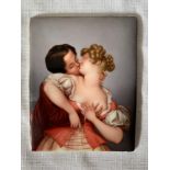 A 19thC Continental hand painted porcelain plaque depicting lovers at "play". 12.5cms x 10cms.