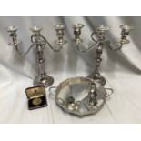 A collection of silver plate items to include a pair of candelabras with 3 branches 29cms h, a