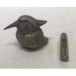 An inkwell in the form of a woodpecker in pewter with a white glass inner 7cm together with ornate