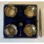 Four hallmarked silver salts, a spoon and a propelling pencil. Total weight 53.6gmsCondition