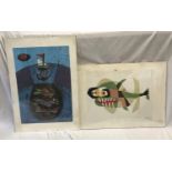 Two Cesar Manrique prints in clip board frames, Pesca 1989 50cm x 70cm and Sin Titulo 1985. 70cm x