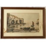 A colour print of sailing boat in a cove marked H.G.W 27.5cm l x 16.5cm w.Condition ReportWater