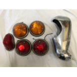 Vintage car rear head lights and indicators, possibly Jaguar or Bentley and a vintage car chrome