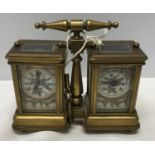 A small brass carriage clock and barometer with carry handle and double key and painted pottery