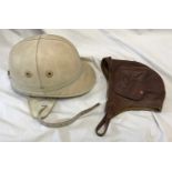 1950's motorcycle helmet, The Corker J Compton Son's and Webb and an earlier leather motorcycle hat,