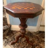 A 19thC burr walnut ladies octagonal work table with chess board top.Condition ReportCracks and