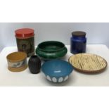 A 3 piece collection of studio pottery with purple and green glazed design to include a biscuit