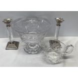 Heavy lead glass pedestal bowl 20cm h x 25cm w. A pair of silver plated and glass stemmed