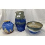 A Ruskin Pottery crystalline vase and bowl decorated in shades of blue. Vase marked to base Ruskin