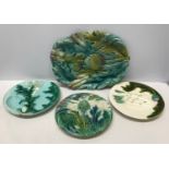 French Majolica pottery asparagus plates, one large platter base stamped Luneville 36cm l x 28cm