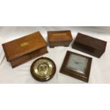 Oak jewellery box with fitted tray interior and key 30cm w x 17cm d x 11cm h. Two other oak boxes, a