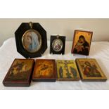 Five religious icons and two framed miniatures largest 9.5cms x 8cms.Condition ReportLargest