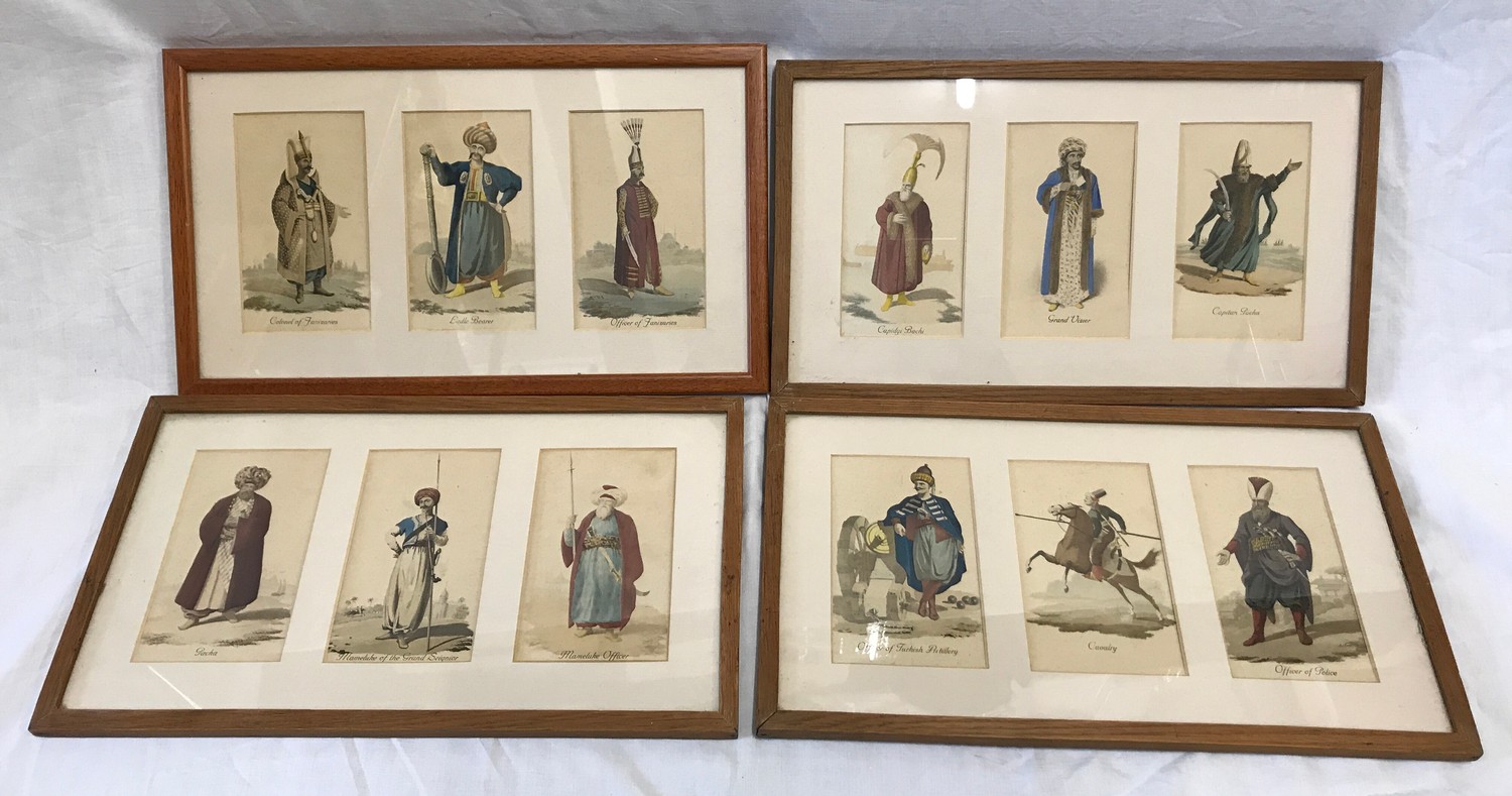 Set of four framed coloured prints, Military dress of the World, three prints to each frame, size of