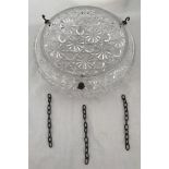 A heavy leaded cut glass ceiling light bowl. 28cm -35cm at widest part 15cm h approx. Hanging chains