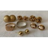 Five pairs of 9ct gold earrings and two 9ct rings, one signet inscribed "M" size K and a white