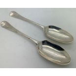 Two bottom marked shell back silver tablespoons, London 1747 possibly by Jeremiah King. 111gms.