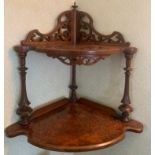 Burr walnut wall mounted corner shelf. 53 w x 35cms d.Condition ReportGood condition.