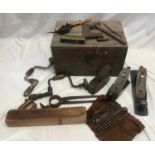 Small pine tool box and content of carpentry tools including Stanley Bailey number 4 1/2 plane,