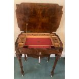 Very good quality 19thC burr walnut ladies sewing table with lift up lid to reveal well fitted