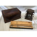 A small oak desk calendar 19cm h x 13cm w, a mahogany inlaid sewing box with fitted tray interior