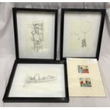 Winnie the pooh three pencil sketch prints framed approx 38cms h x 30cms w and two small mounted